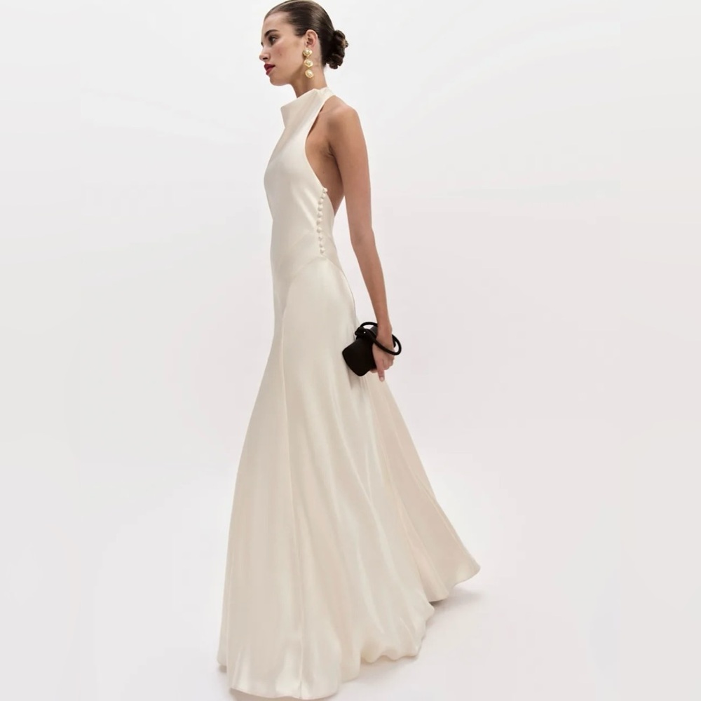 Reformation Roy Satin Cream Backless Dress